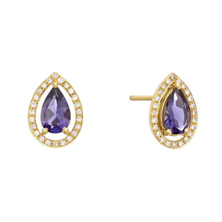 Stud Pave Setting Diamonds Earrings 18kt Yellow Gold with Very Peri Pear Iolite For Sale