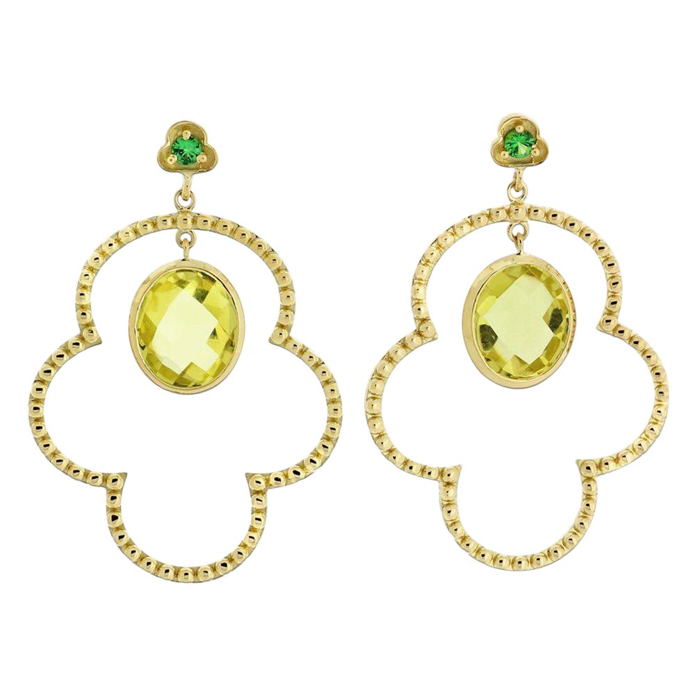 Organic Shape Beaded Gold Earrings 18kt with Green Tzavorite and Lemon Citrine For Sale