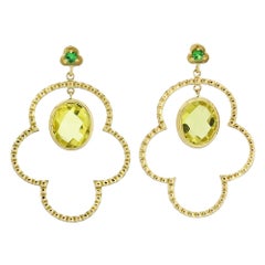 Organic Shape Beaded Gold Earrings 18kt with Green Tzavorite and Lemon Citrine