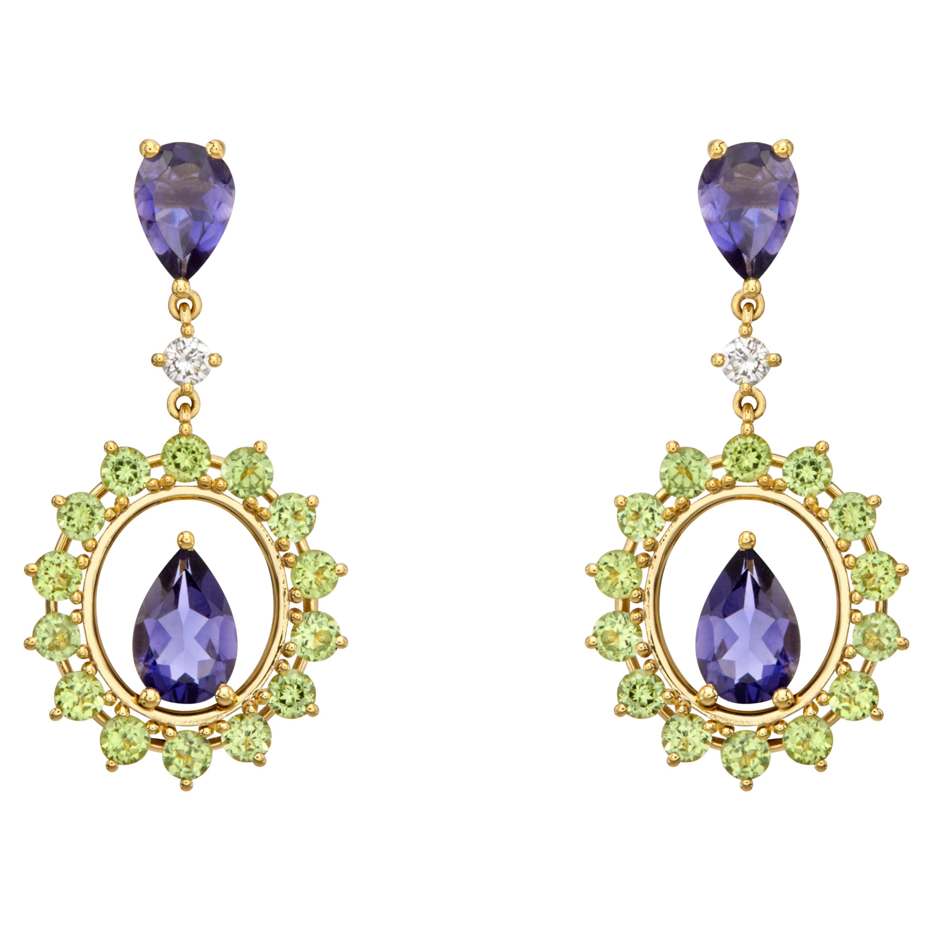 Prong Oval Shape Dangle Earrings in 18kt Gold with Iolite Peridot and Diamonds For Sale