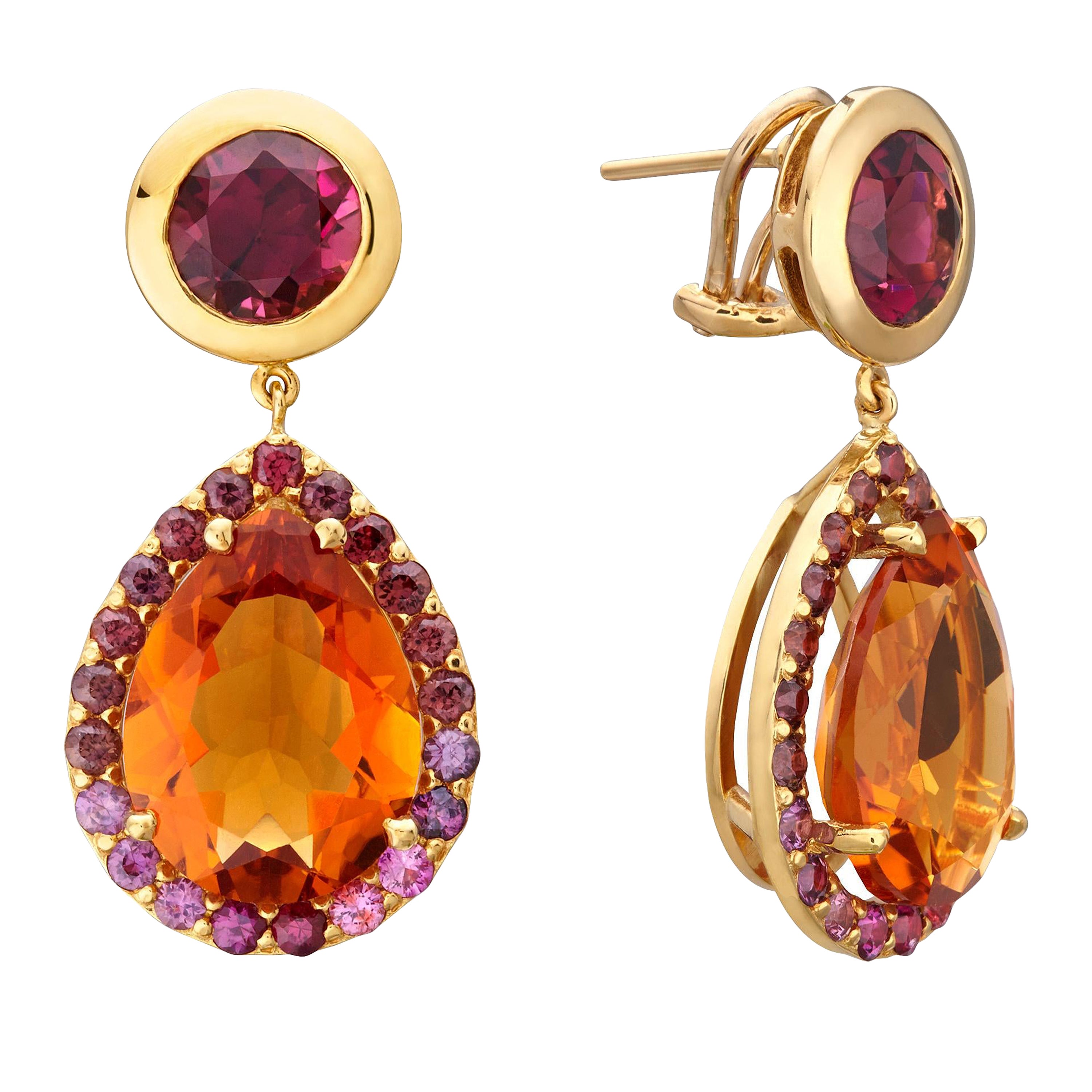 Drop Colourful Earrings 18kt Gold Citrine Rhodolite Pink Sapphires Omega Back For Sale