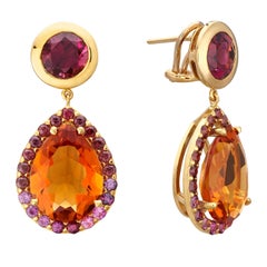 Drop Colourful Earrings 18kt Gold Citrine Rhodolite Pink Sapphires Omega Back