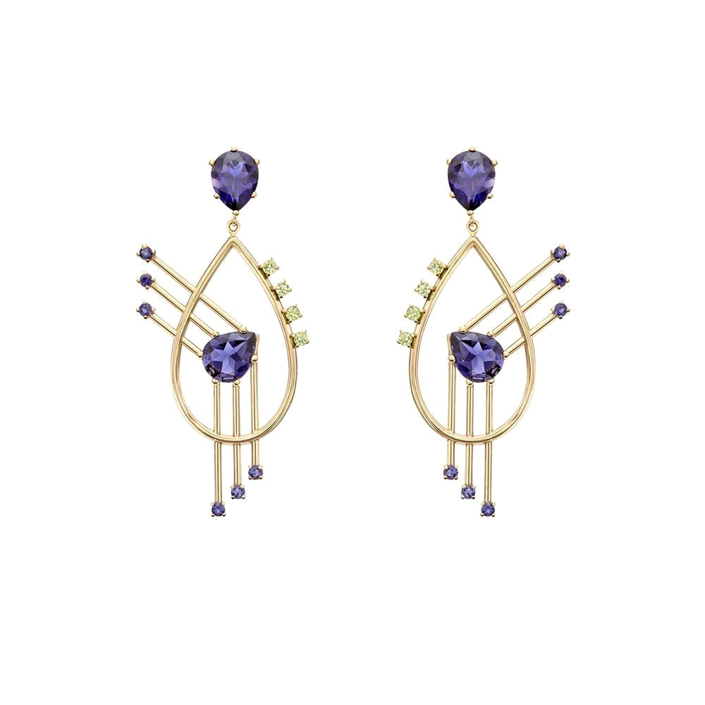 Pear Radial Shape Earrings in 18kt Yellow Gold with Very Peri Iolite and Peridot For Sale