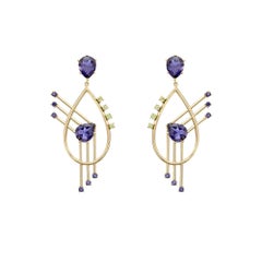 Pear Radial Shape Earrings in 18kt Yellow Gold with Very Peri Iolite and Peridot