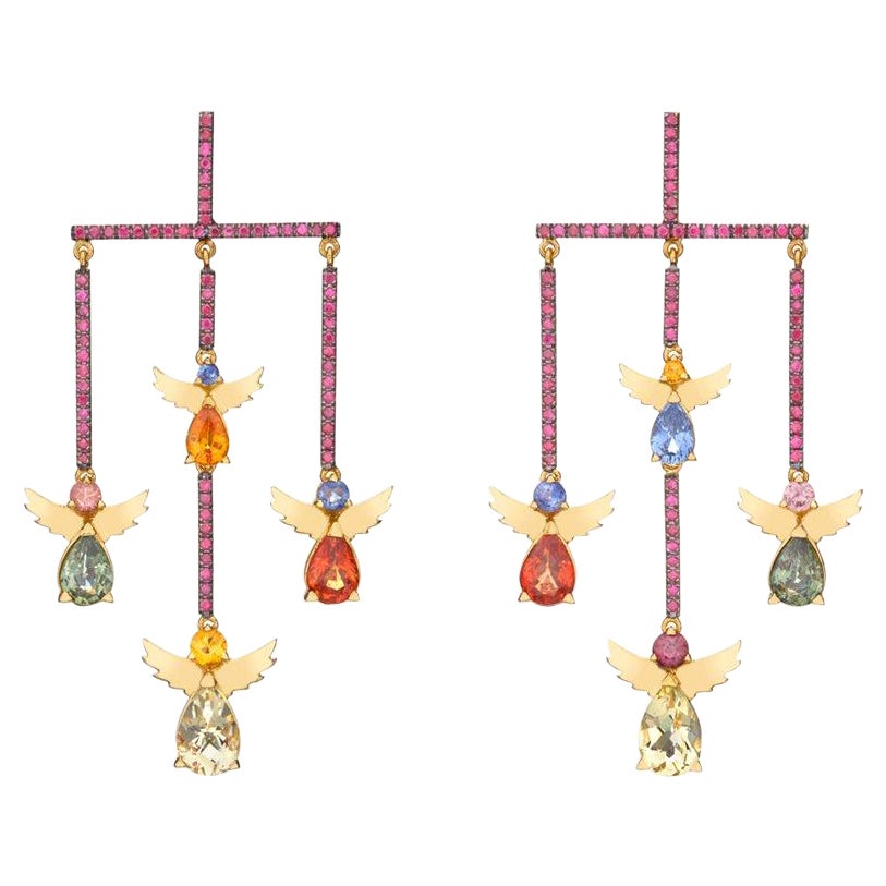 Angels Chandelier Earrings in 18kt Yellow Gold with Rubies Citrine and Sapphires For Sale