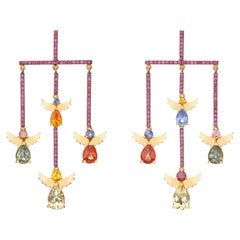 Boucles d'oreilles lustre Angels en or jaune 18 carats avec rubis, citrine et saphirs