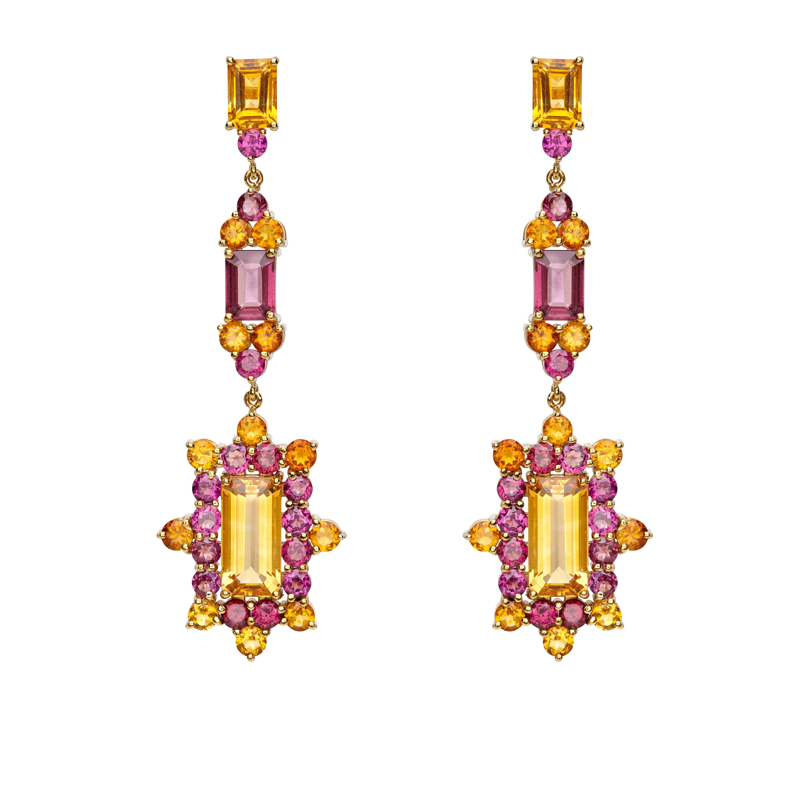 Long Dange Earrings Chandelier 18kt Yellow Gold with Red Rhodolite and Citrine For Sale