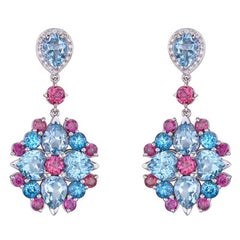 Earrings 18kt White Gold Diamonds Blue Topaz Rhodolite Kaleidoscope in Stock