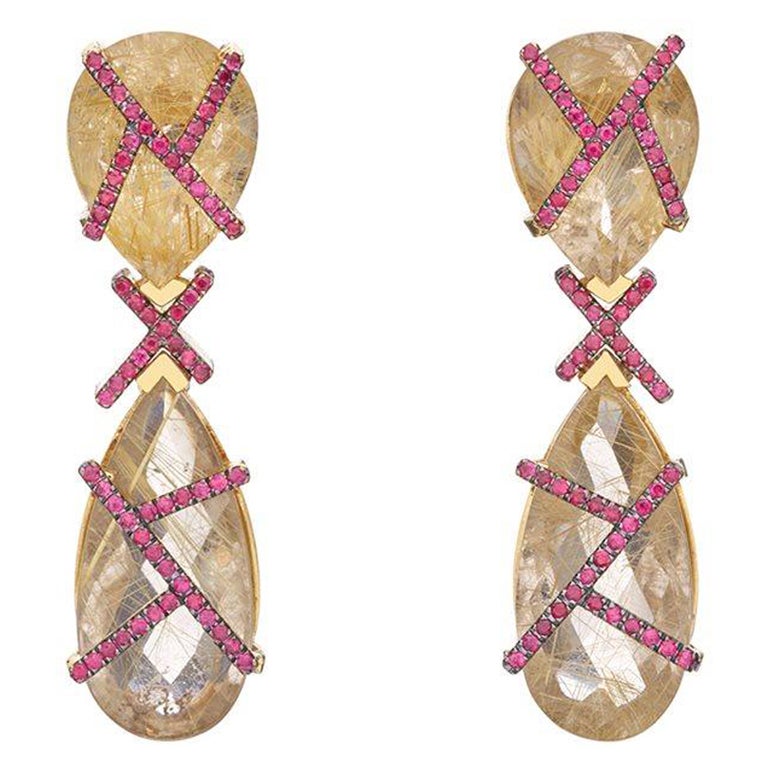 Earrings in 18k Yellow Gold with Empire Rutilated Quartz & Rubies in Stock For Sale