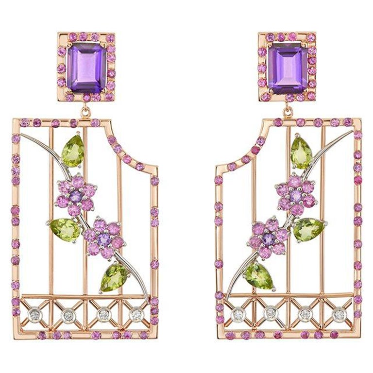 Earrings in 18kt Rose Gold with Amethyst, Rubies, Peridot & Diamonds in Stock For Sale