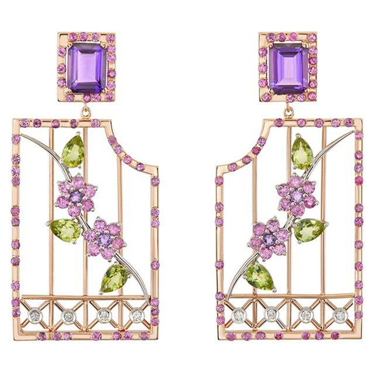 Earrings in 18kt Rose Gold with Amethyst, Rubies, Peridot & Diamonds in Stock