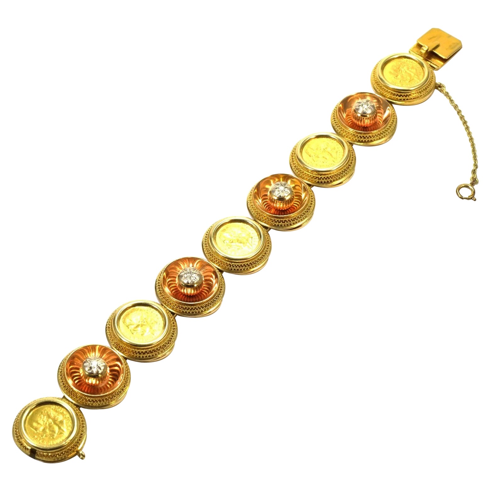 Bracelet mexicain vintage en or avec pièces de monnaie Dos Y Meso Peso et diamants de 0,2 carat