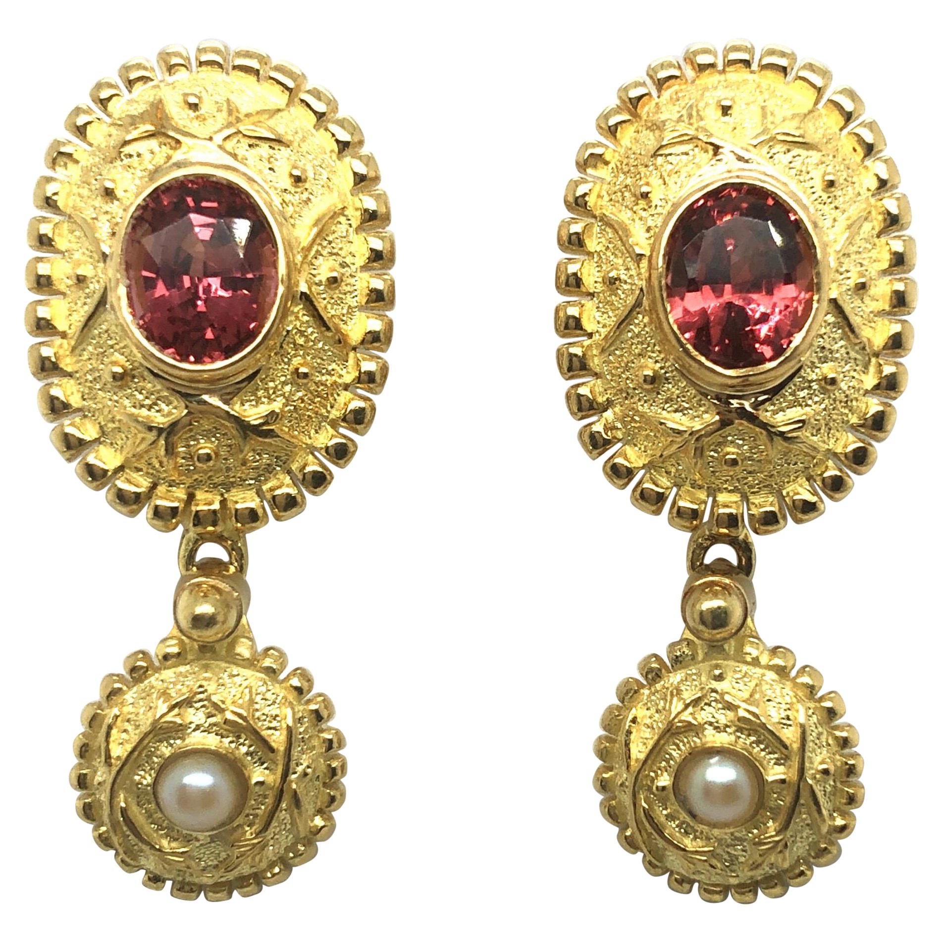 18 Karat Yellow Gold Rhodolithe Garnet and Cultured Pearls Earrings