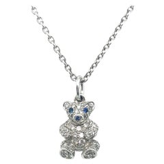 18 Karat White Gold Diamond Sapphire Teddy Bear Pendant with Chain
