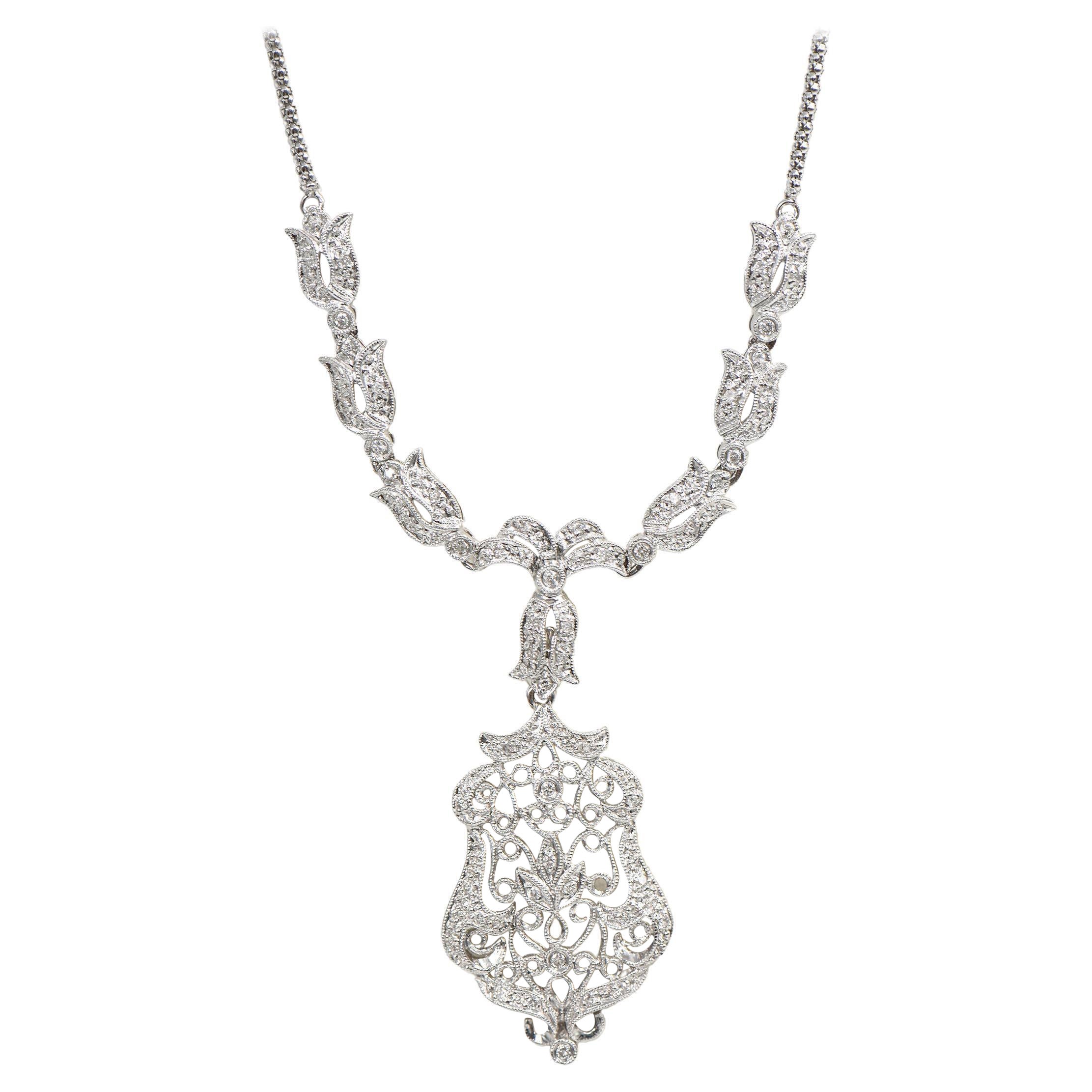 Floral Filagree Diamond White Gold Drop Pendant Necklace For Sale