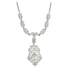 Floral Filagree Diamond White Gold Drop Pendant Necklace