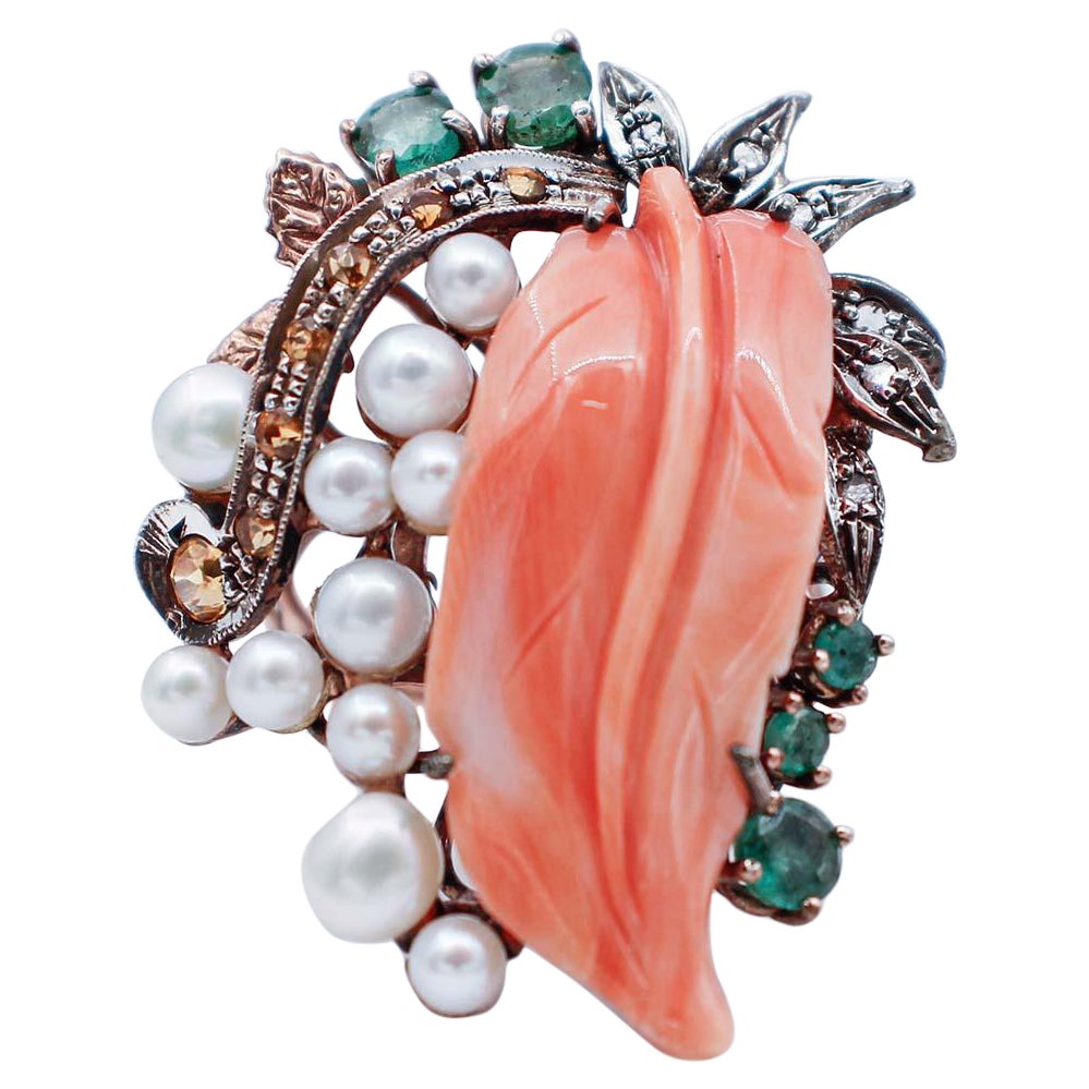 Coral, Emeralds, Topazs, Diamonds, Pearls, 9Karat Rose Gold and Silver Ring For Sale