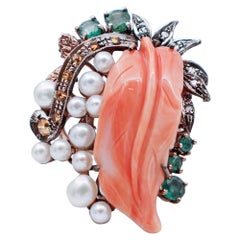 Vintage Coral, Emeralds, Topazs, Diamonds, Pearls, 9Karat Rose Gold and Silver Ring