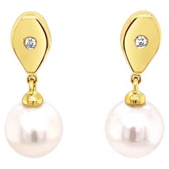 14k Yellow Gold Teardrop Diamond and Pearl Earrings