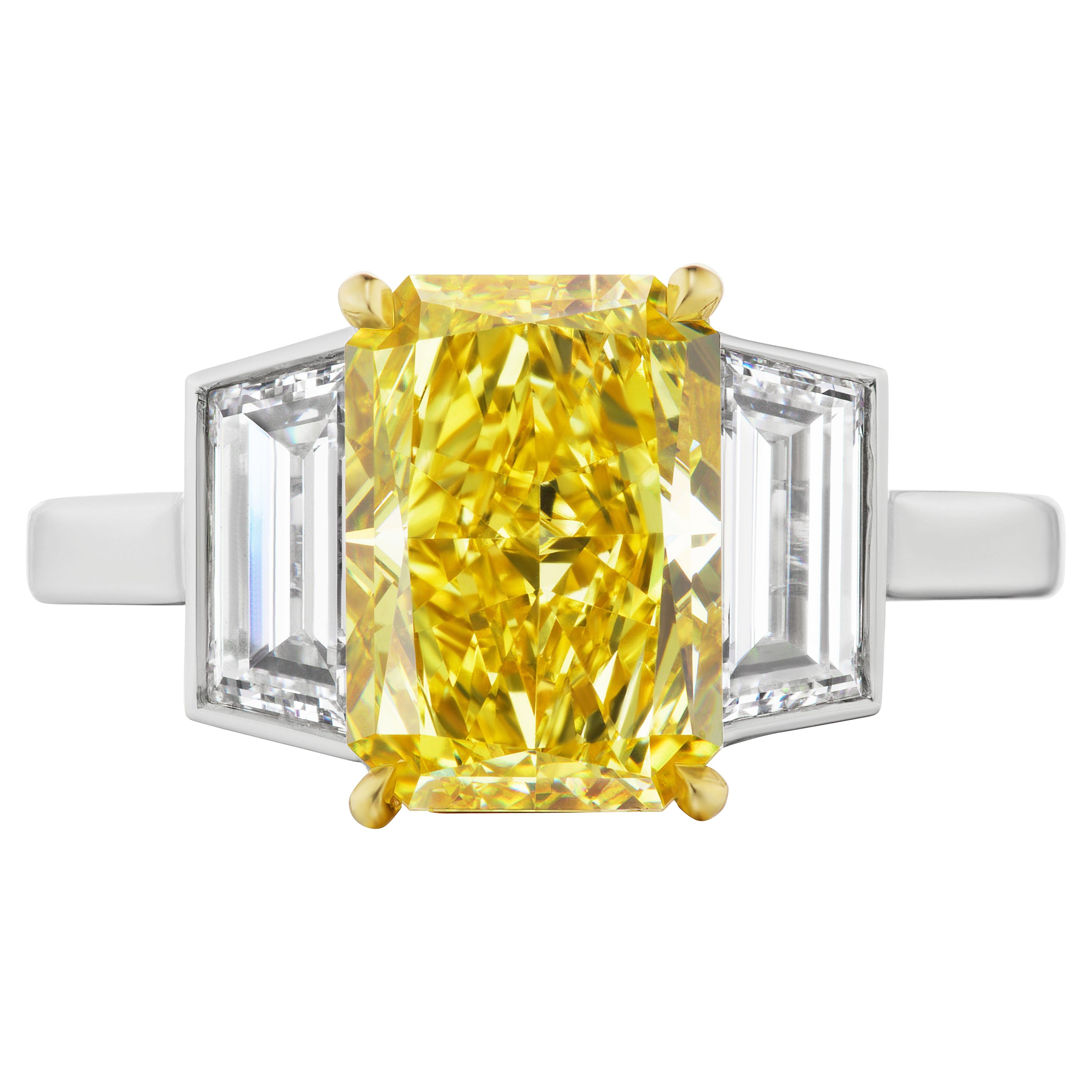 Radiant Cut GIA 3.24 Carat Vivid Yellow Radiant-Cut Diamond 18K Gold Platinum Ring