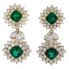 Antique 1970s Tiffany & Co. Emerald and Diamond 18k Yellow Gold Earrings