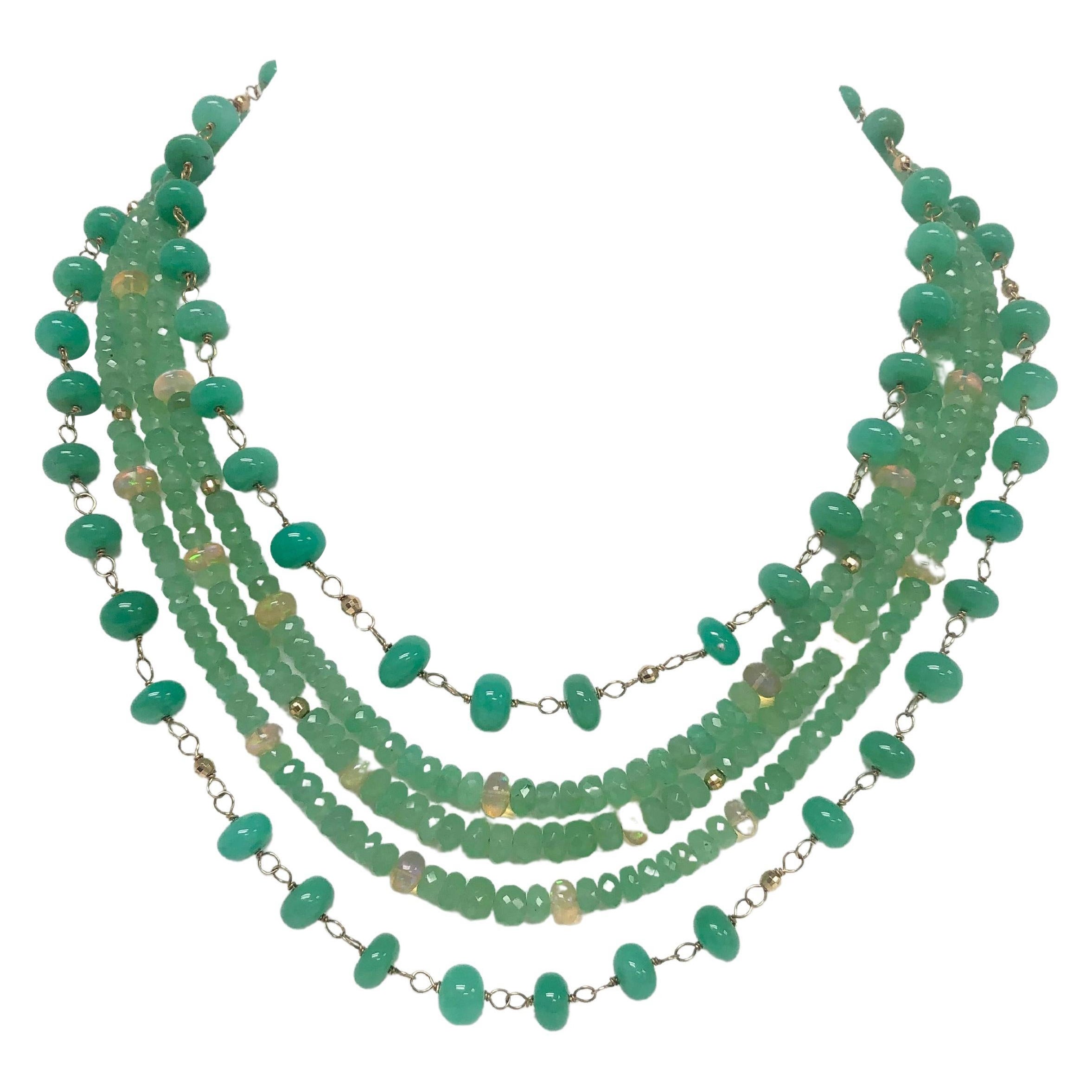 Mehrstrangige Halskette mit grünem Chrysopras mit gelbem Opal
