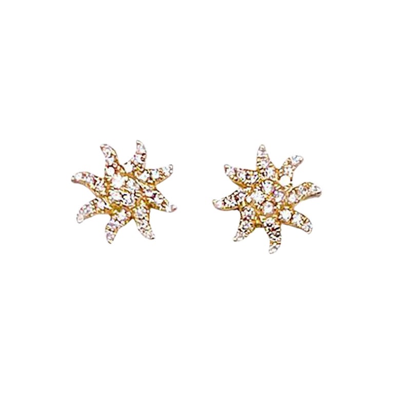 Diamond Sun Earring Studs 14K Yellow Gold .13ct Round Diamond Starburst Earrings
