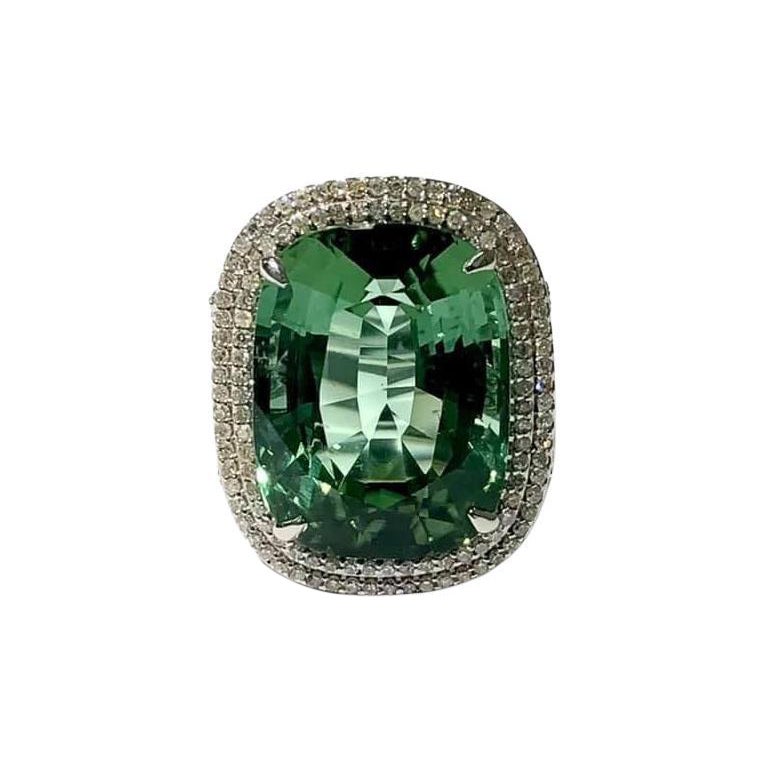 Contemporary Rare Green Tourmaline 31.60 Carats with Pave Diamonds Paradizia Ring For Sale