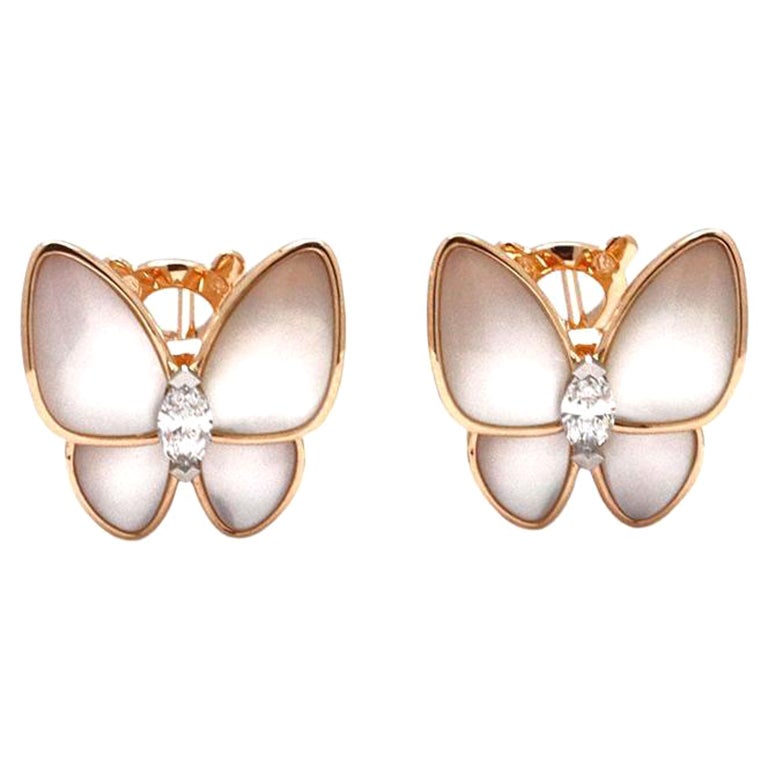 Van Cleef and Arpels ''Two Butterfly'' Diamond and Mother of Pearl Earrings  at 1stDibs