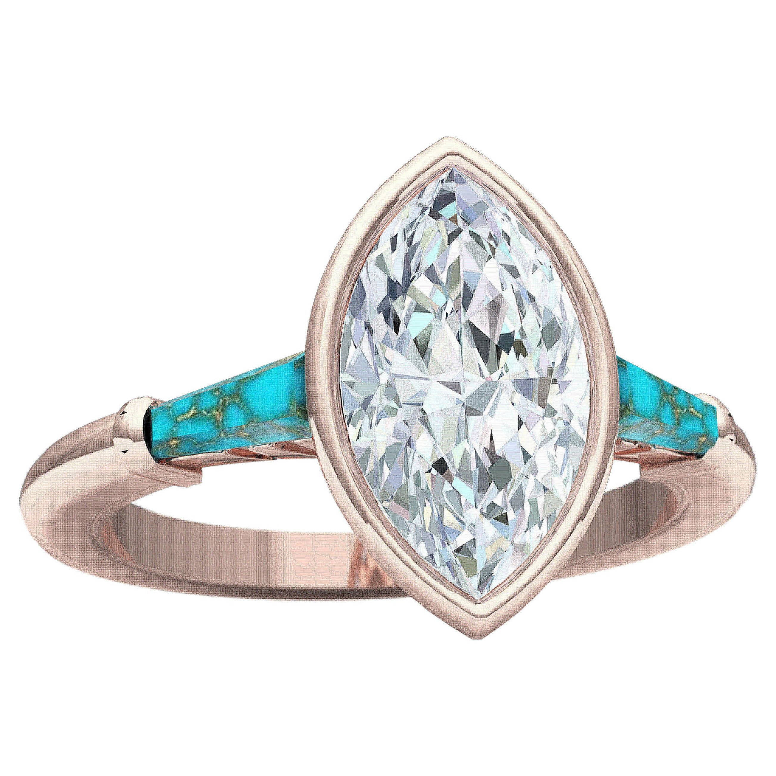 1.4 Carat Marquise Diamond and Turquoise Rose Gold Engagement Ring
