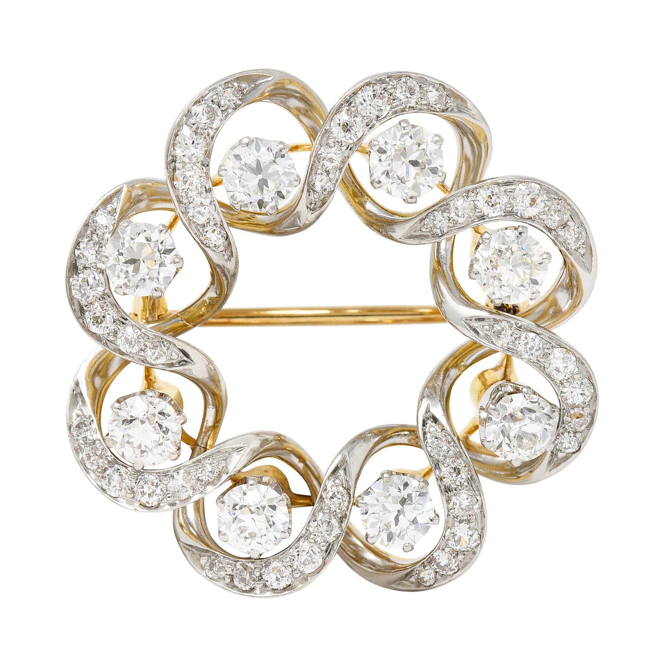Edwardian 3.85 Carats Diamond Platinum-Topped Circle Wreath Brooch