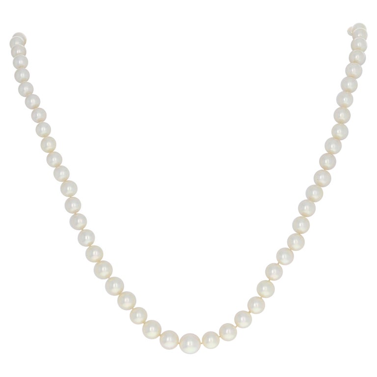 Cultured Pearl Necklace, 14k Yellow Gold Knotted Strand For Sale