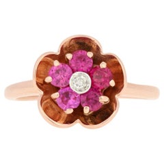 Vintage .76ctw Round Cut Synthetic Ruby & Diamond Ring, 14k Rose Gold Halo Flower