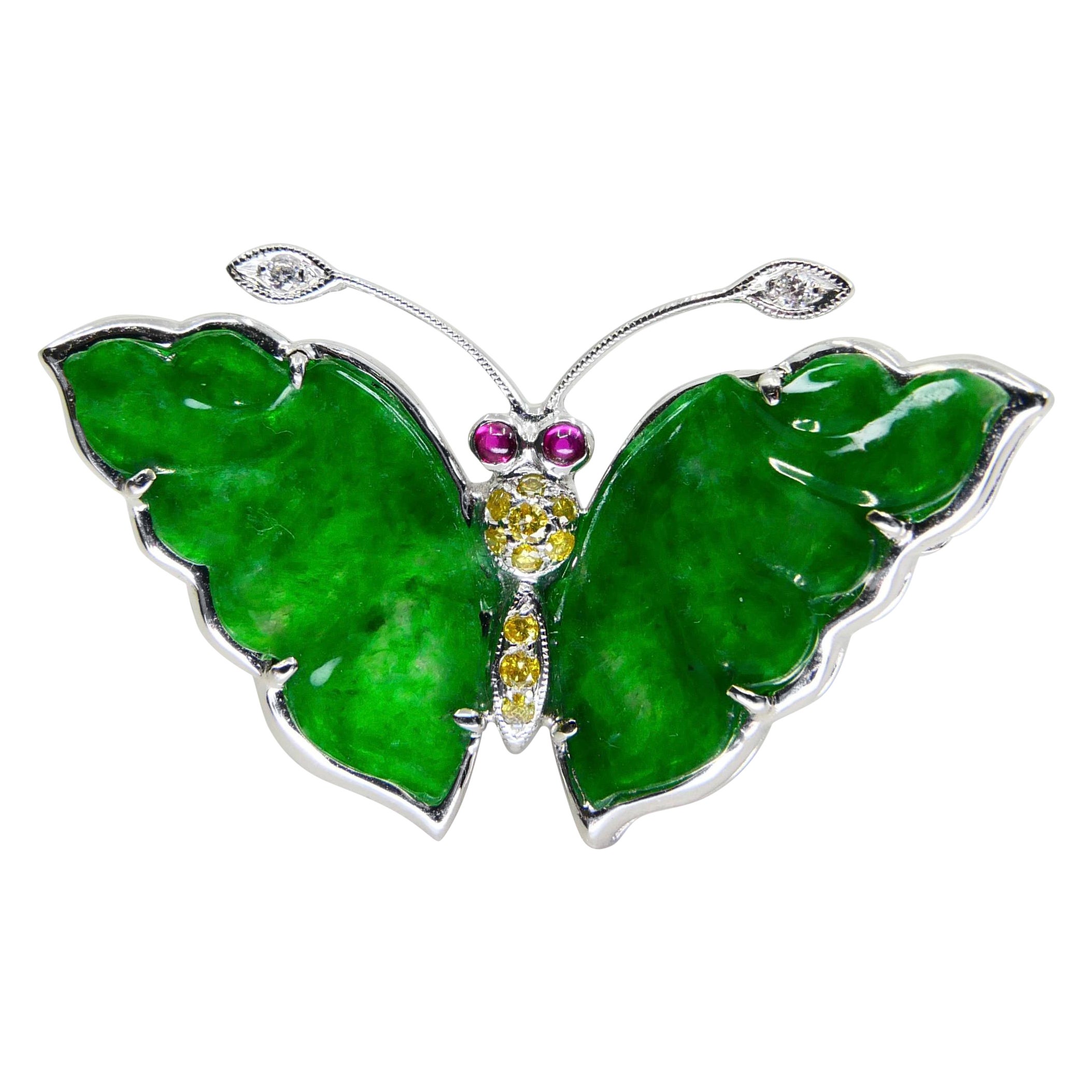 Certified Apple Green Jade, Fancy Color Diamond Butterfly Pendant / Brooch