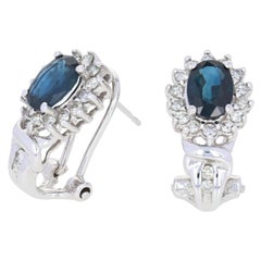 2.83ctw Oval Cut Sapphire & Diamond Earrings, 14k Gold Pierced Halo J-Hoops