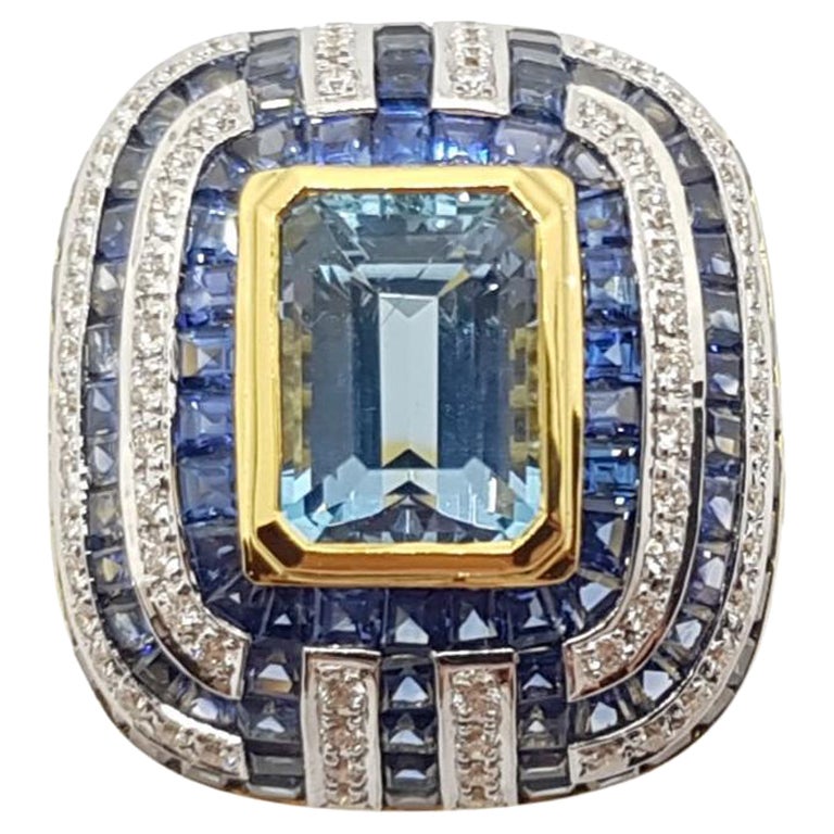 Aquamarine with Blue Sapphire and Diamond Ring Set in 18 Karat Gold Settings For Sale