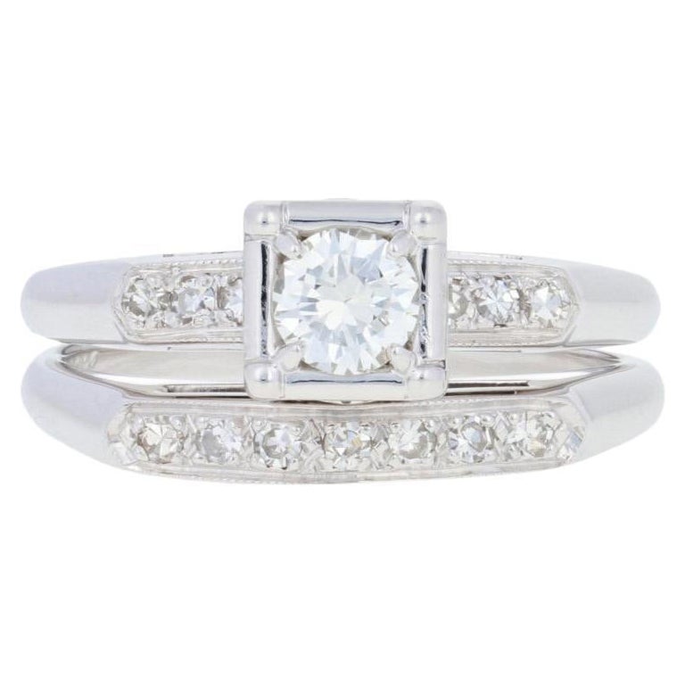 Bague de fiançailles et alliance vintage en or 14 carats avec diamants ronds et brillants de 0,43 carat en vente