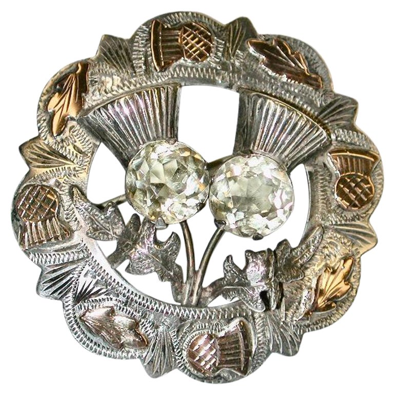 Scottish Silver Thistle Theme Brooch Applied with 9ct Pink Gold, Dated 1957