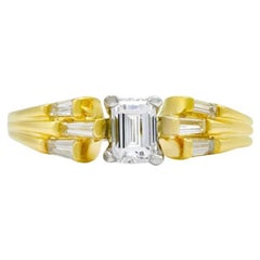 Vintage 0.75ct. Emerald Cut Diamond Engagement Ring E-F VVS2, Yellow Gold