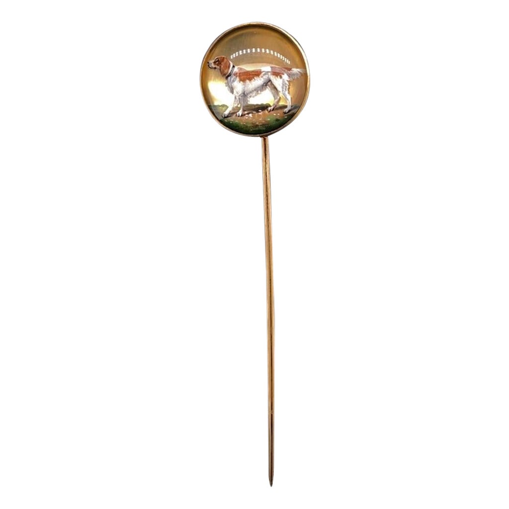 Victorian Essex Crystal Spaniel Dog Stickpin 18 Karat Yellow Gold For Sale