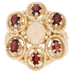 Vintage Yellow Gold Opal & Garnet Flower Halo Ring, 14k Oval Cabochon 2.40ctw