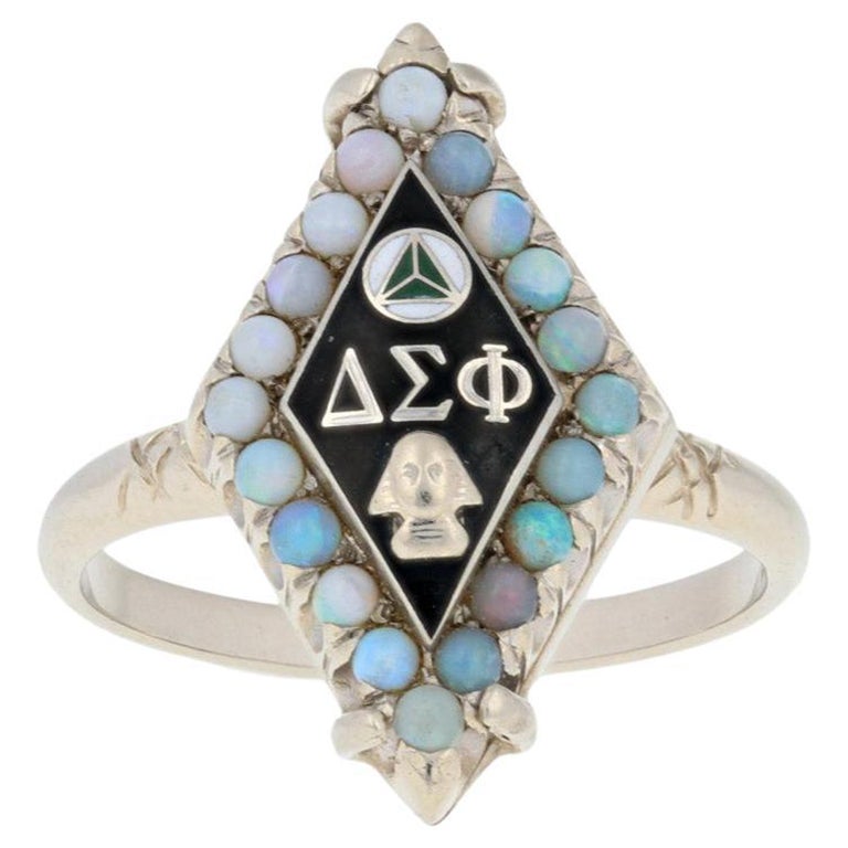 Delta Sigma Phi Ring, 14k White Gold Fraternity Sweetheart Opals For Sale