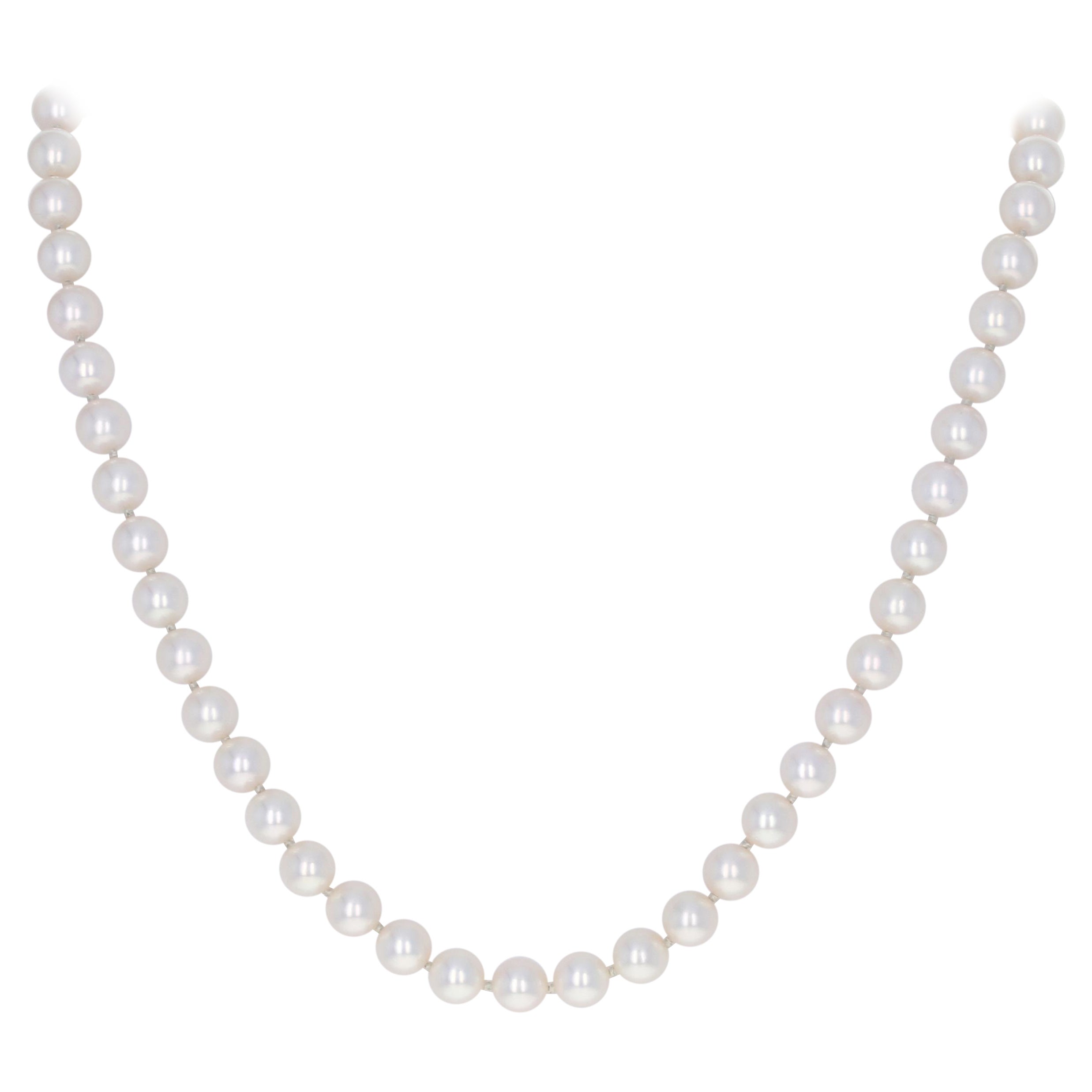 Akoya Pearl Necklace, 14k Yellow Gold Clasp Single Knotted Strand