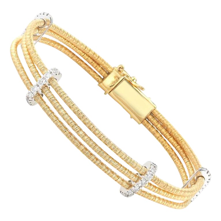 Hand-Crafted 14K Yellow Gold Triple Strand Mesh Bracelet with Diamond Bars For Sale
