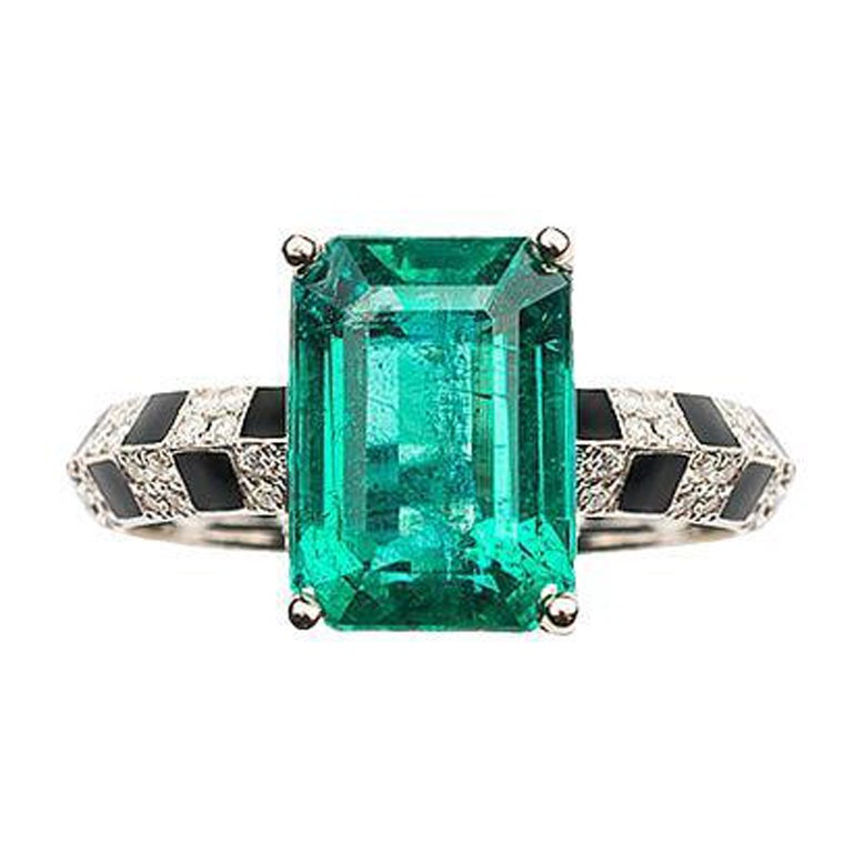 Pinstripe Strength Emerald Solitaire Knifedge Diamond and Black Enamel Ring