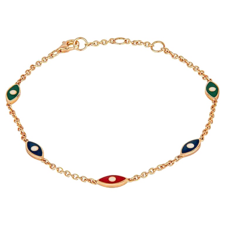 14 Karat Rose Gold Multi Colored Enamel Evil Eye Bracelet For Sale