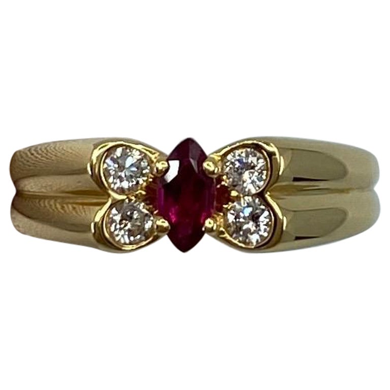 Vintage Van Cleef & Arpels Fine Vivid Red Ruby & Diamond Butterfly Marquise Ring