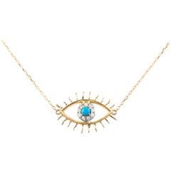 Diamond & Turquoise 18k Yellow Gold Evil Eye Pendant Necklace