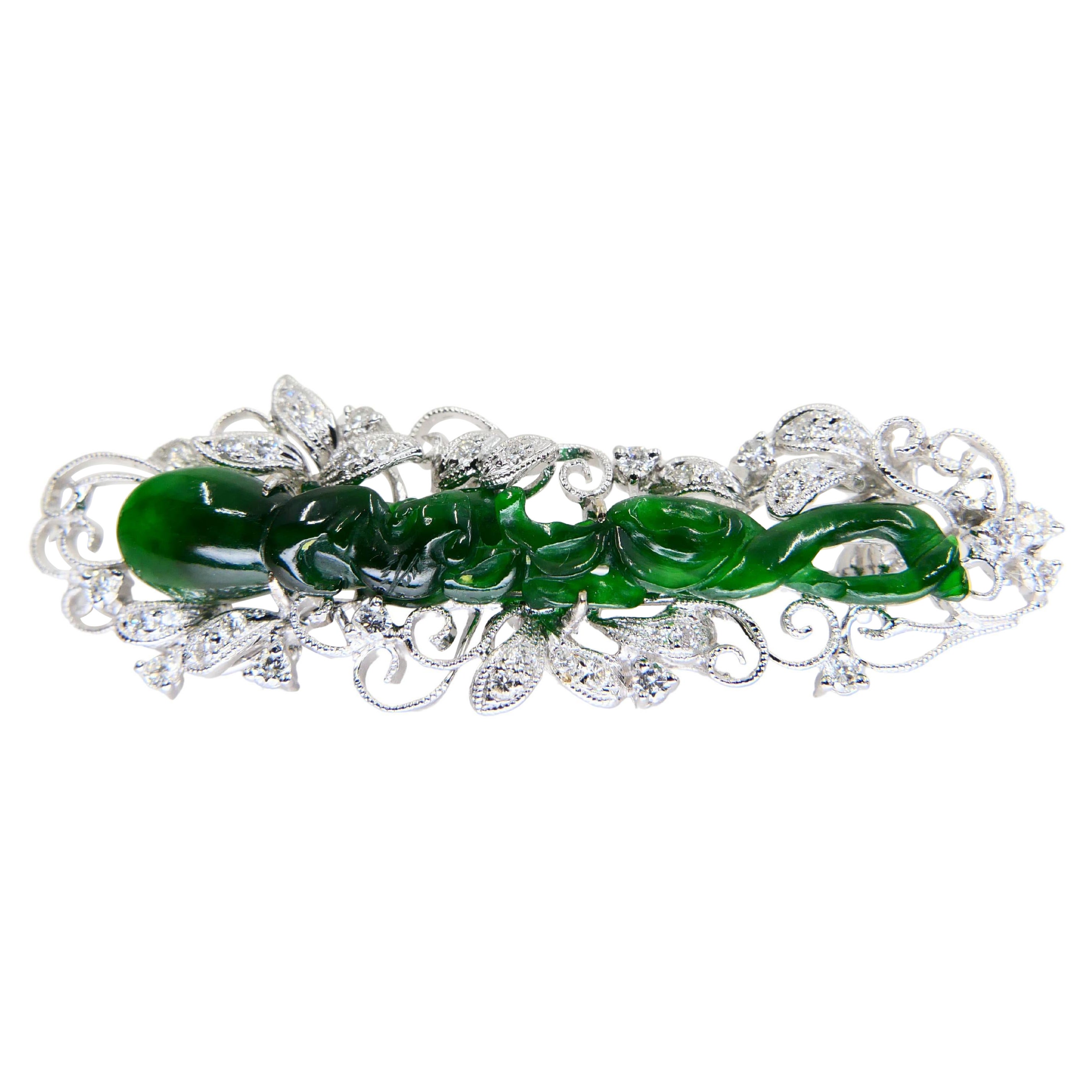 Certified Intense Green Carved Jade & Diamond Brooch, Close to Imperial Green