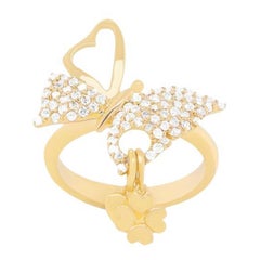 Round White Diamond Butterfly Heart Modern Fashion Charm Ring 14K Yellow Gold